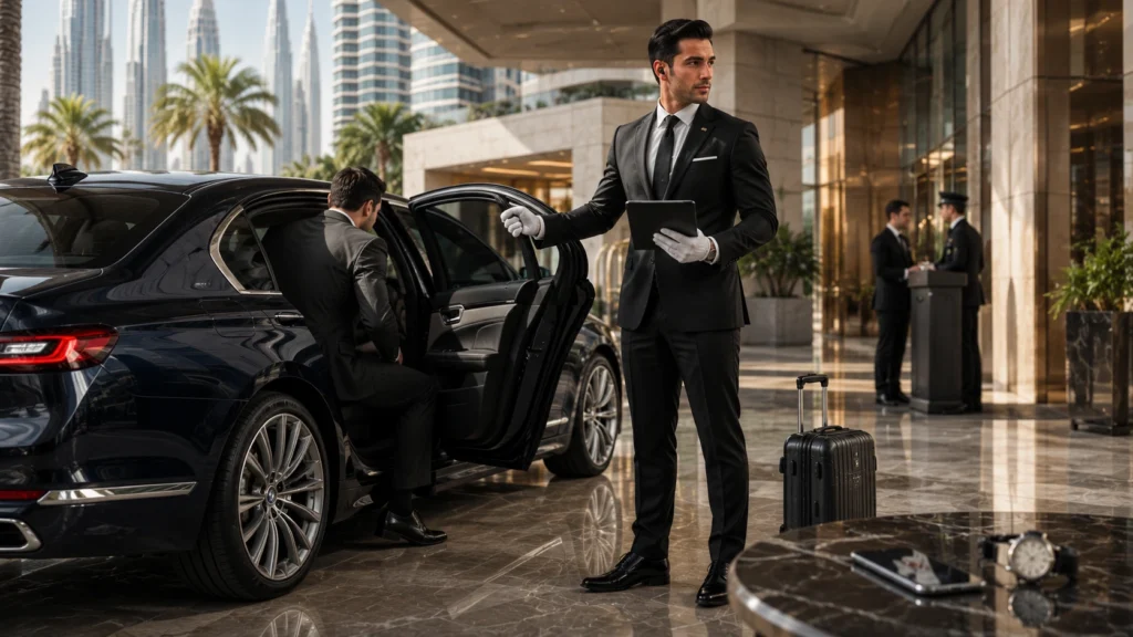 Upscale hotel entrance with valet service