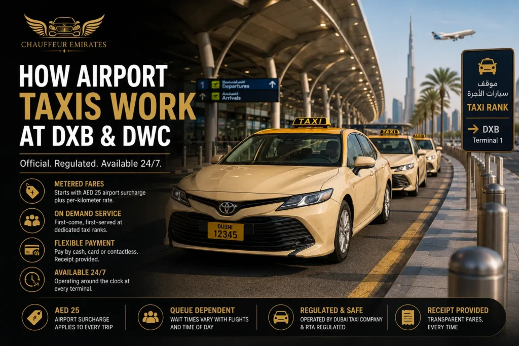 Chauffeur Emirates infographic on how airport taxis work at DXB and DWC in Dubai