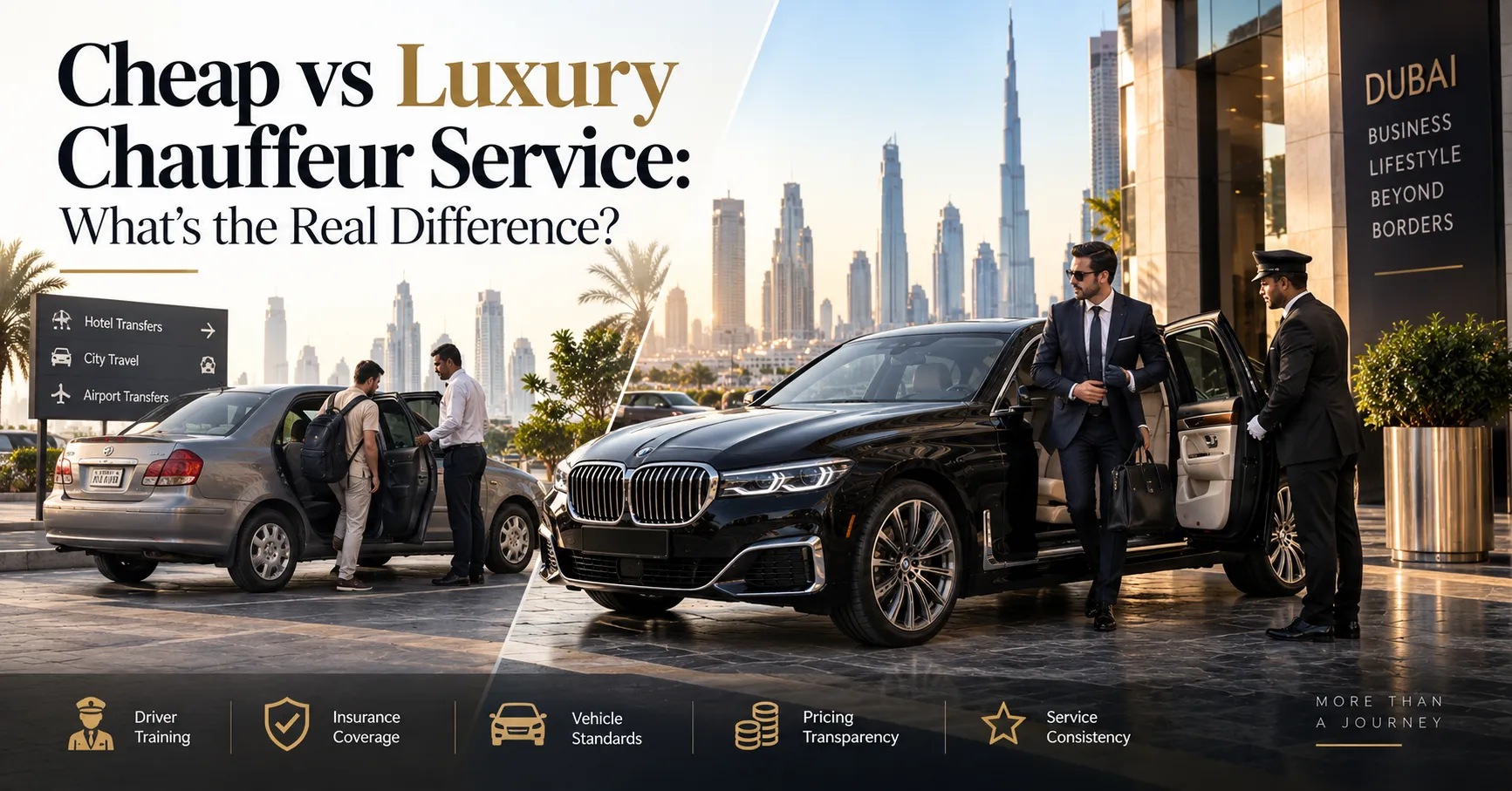 Blog cover comparing cheap and luxury chauffeur services in Dubai