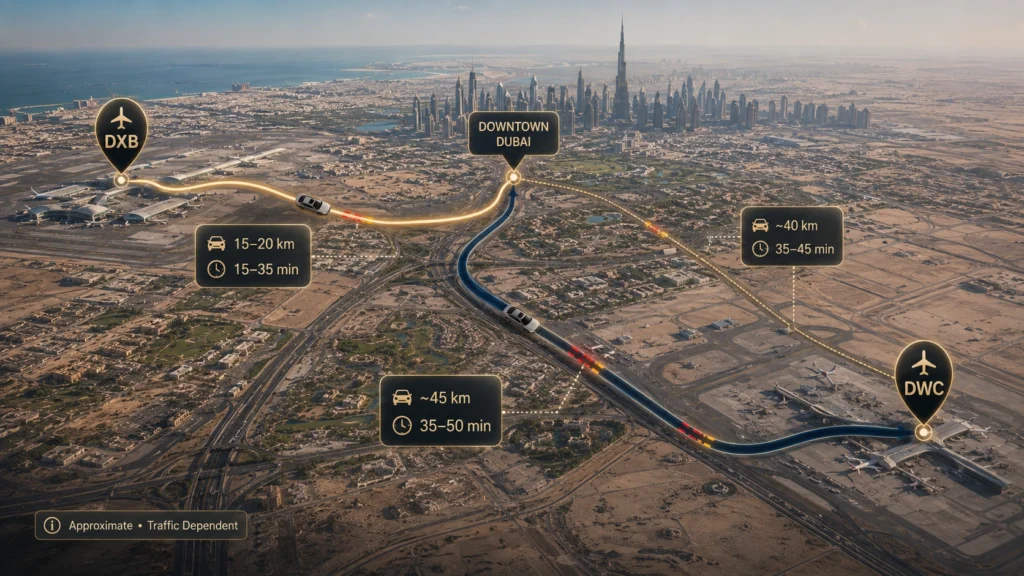 Distance and Travel Time to Dubai City Center Chauffeur Emirates