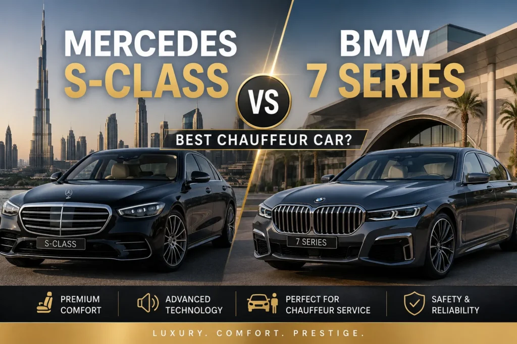 Infographic comparing Mercedes S-Class and BMW 7 Series as the best chauffeur car in Dubai