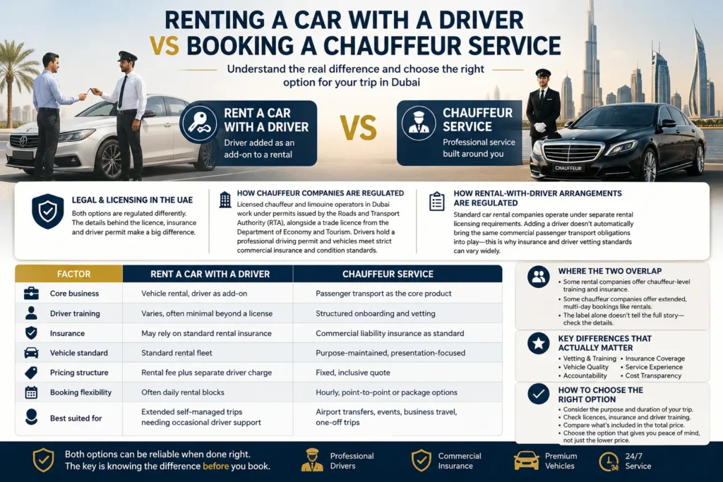 Infographic comparing renting a car with a driver vs booking a chauffeur service in Dubai