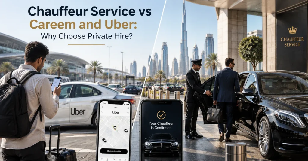 Blog cover comparing ride-hailing with a private chauffeur service in Dubai