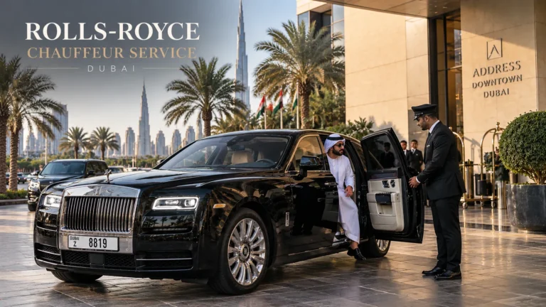 Rolls-Royce chauffeur service in Dubai with a chauffeur greeting a passenger at the Address hotel
