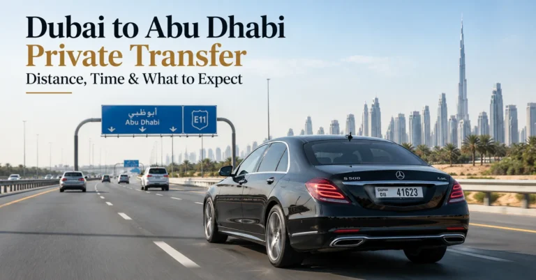 Dubai to Abu Dhabi private transfer: black Mercedes on the E11 highway toward Dubai skyline